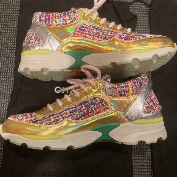 Chanel Shoes - CHANEL Multicolor Tweed Trims Gold Authentic Runway Lace up Sneakers Size 36